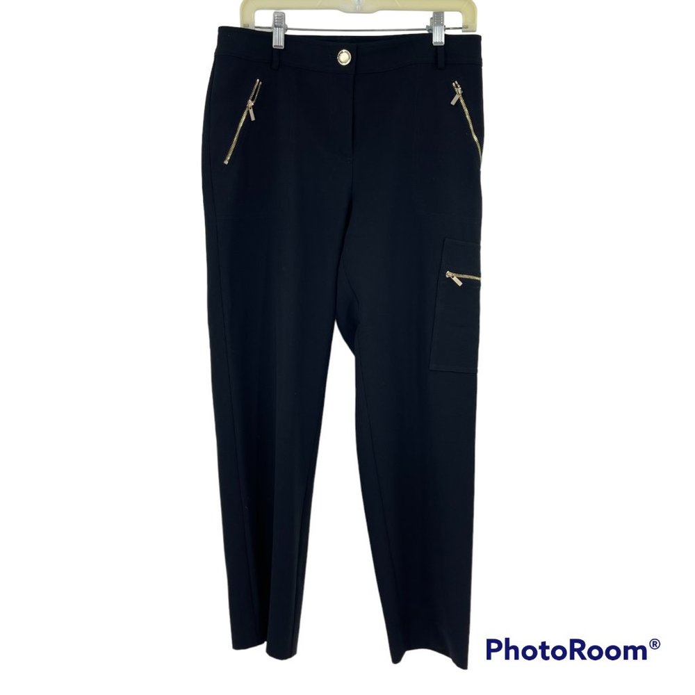 St. John Trousers Black Zip Pockets Straight Leg Stretch Casual Work Pant Size 8